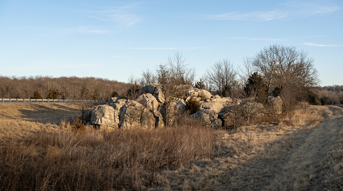 Slave Rock, a low cluster of weathered sandstone boulders beside the interstate in winter